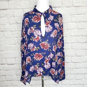 Leith Blue Pink Floral Keyhole Neck Blouse Long Sleeve Handkerchief Hem Sz M